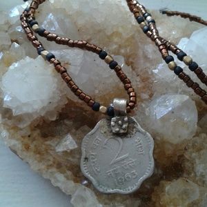 Coin Charm Necklace Boho Beaded